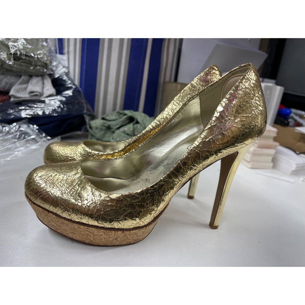 Jessica Simpson Gold Metallic Cracked Platform Pumps Cork Heels Womens 8B 38 - Picture 2 of 6